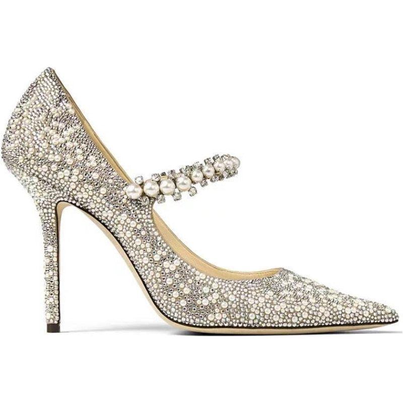New Rhinestone High Heels Luxury Mary Jane Bridal Shoes Pointed Toe Crystal Beading Pearls - Frimunt Clothing Co.