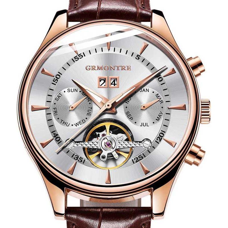 Men's Skeleton Tourbillon Mechanical Watch Automatic Classic Rose Gold Leather Band Wrist Watch - Frimunt Clothing Co.