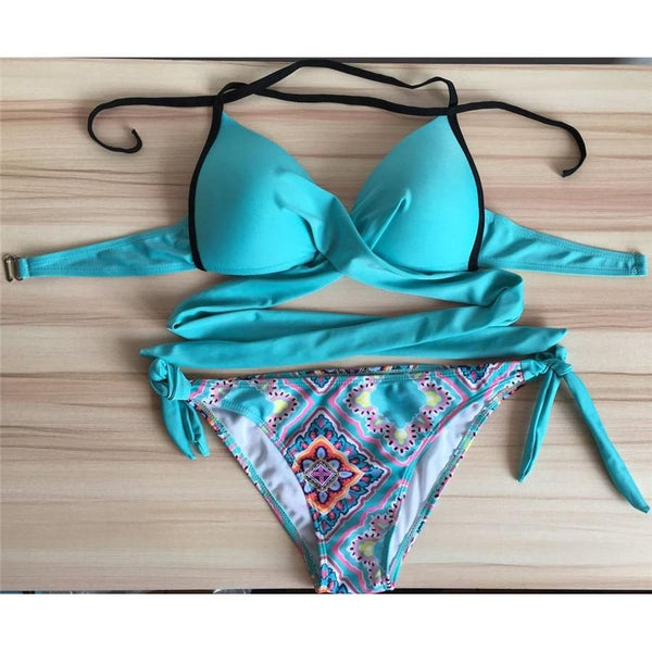 Sexy Bikini Women's Swimsuit Push Up Swimwear Criss Cross Bandage Halter Bathing Suit