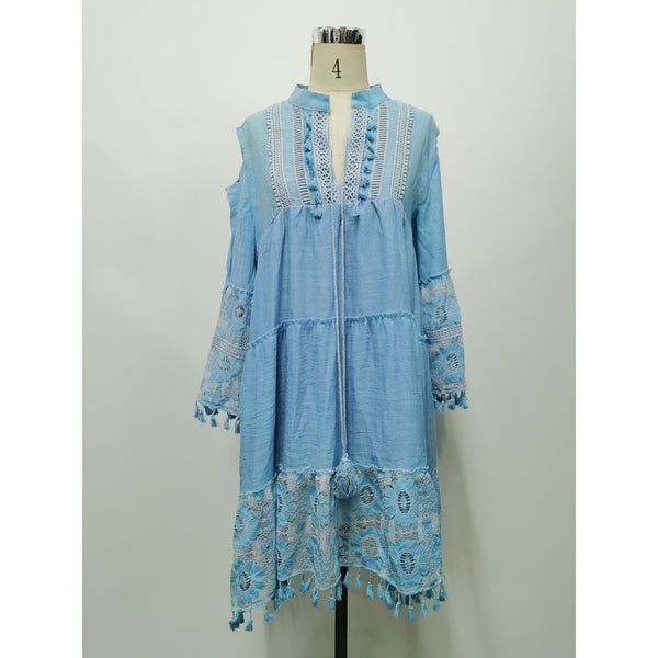 Women's Cotton Boho V-neck Lace Tassel Summer Mini Dress - Frimunt Clothing Co.