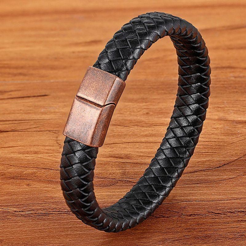 Stainless Steel Charm Magnetic Black Men Bracelet Leather Genuine Braided Punk Rock Bangles Jewelry Accessories - Frimunt Clothing Co.