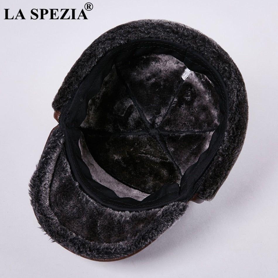 LA SPEZIA Winter Bomber Hat Men Russian Genuine Cow Leather Ushanka Cap With Ear Flaps Warm Fur Lining - Frimunt Clothing Co.
