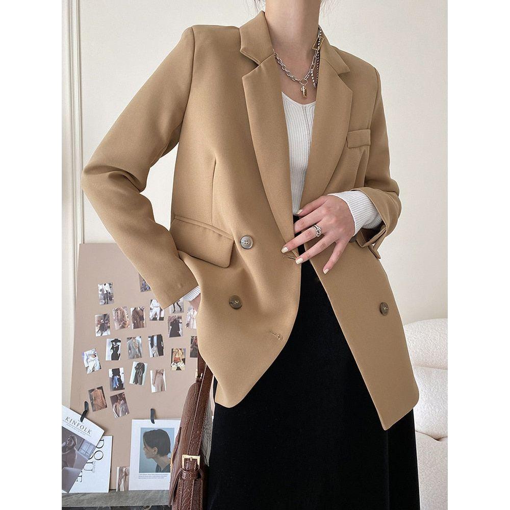 Beige Women's Blazer Formal Double Breasted Buttons Blazer High Quality - Frimunt Clothing Co.