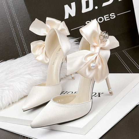 Bridal Fashion Bowknot High Heels Wedding Shoes Pointed Toe Crystals And Pearls Pumps - Frimunt Clothing Co.