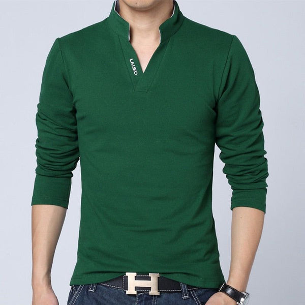 Men Cotton Long Sleeve T-Shirt Solid Colors Mandarin Collar