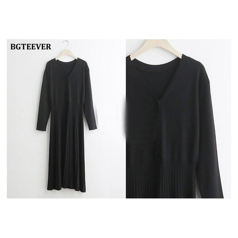 Elegant V-Neck Autumn Winter Knitted Belted Pleated Women's Long Dress - Frimunt Clothing Co.