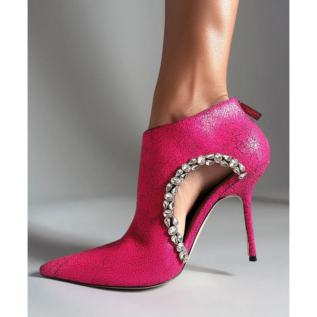 Sexy Pointed Toe Crystal Hollow Out Ankle Boots Solid Leather Back Zipper Thin High Heel Designer Pumps - Frimunt Clothing Co.