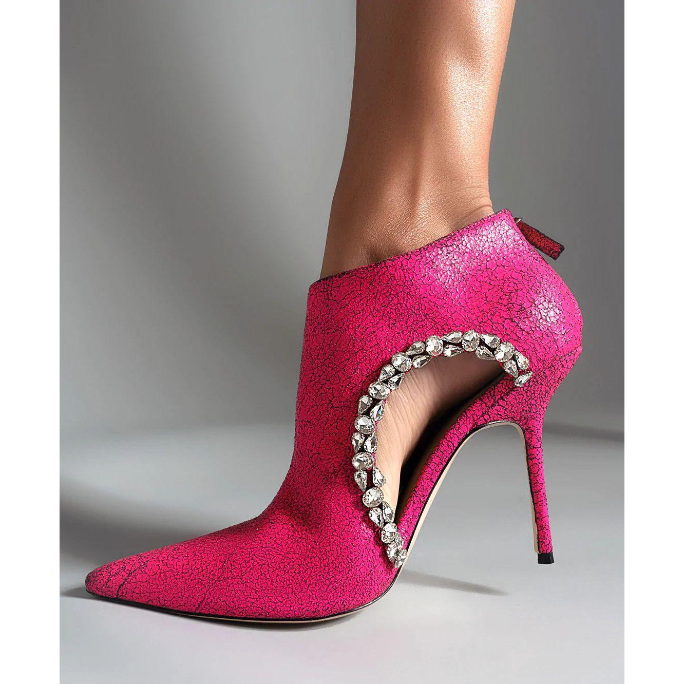 Sexy Pointed Toe Crystal Hollow Out Ankle Boots Solid Leather Back Zipper Thin High Heel Designer Pumps - Frimunt Clothing Co.