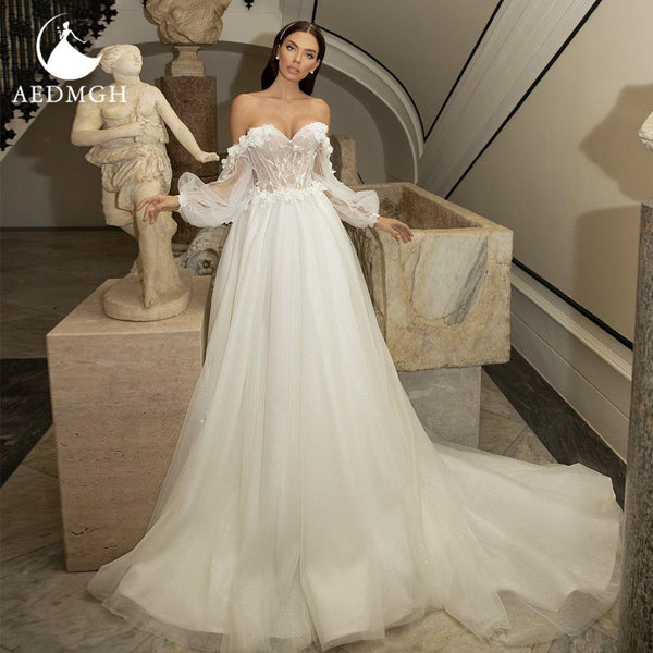Aisling Strapless Puff Sleeve Romantic Bridal Gown Appliques 3D Flowers Backless A-Line  Court Train - Frimunt Clothing Co.