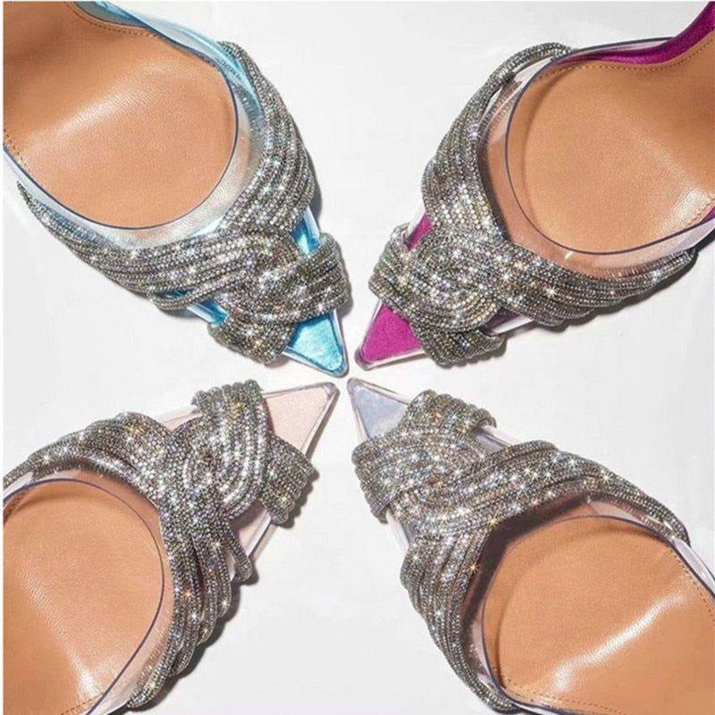 Summer Women's Back Strap Pumps Transparent Rhinestone Pointed Toe High Heels - Frimunt Clothing Co.