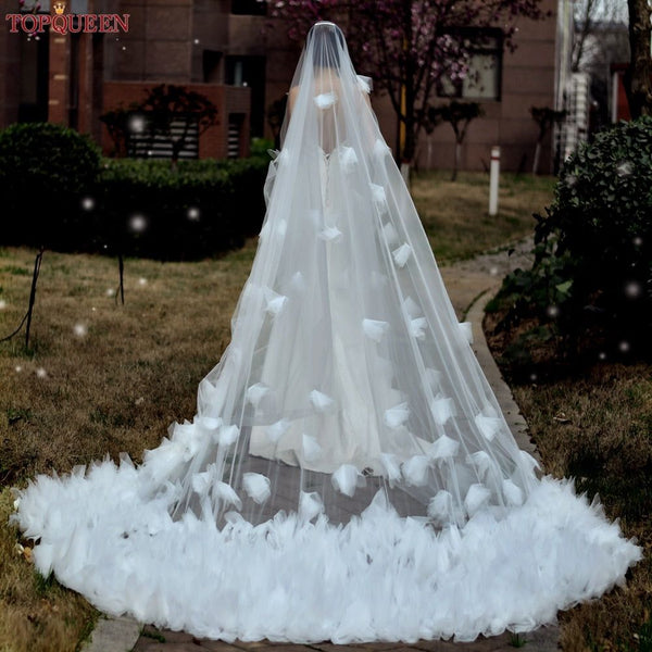 Luxury Wedding Veil with Blusher Soft Tulle 2 Tier Cathedral Length 3- 5M 3D Flowers Veil - Frimunt Clothing Co.
