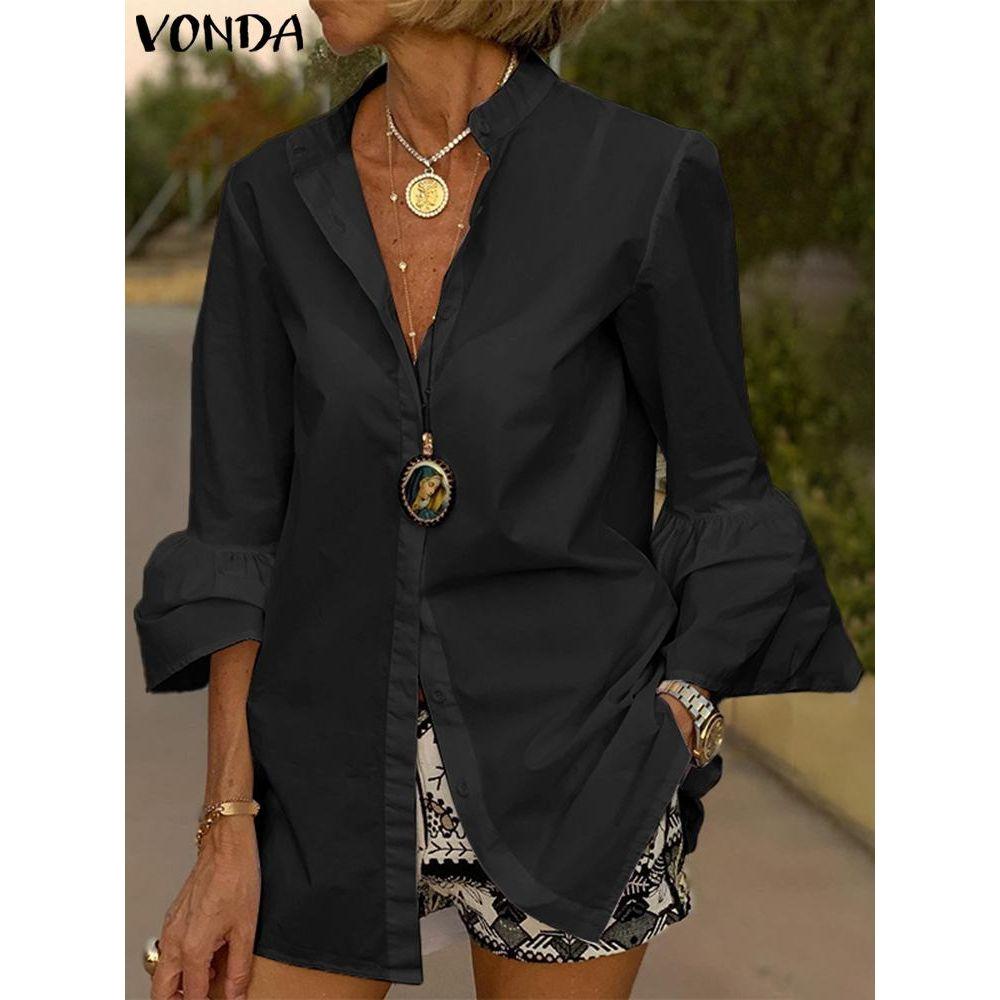 Women's Solid Color Button Up Flare Sleeve Shirts Sexy V Neck Stand Up Collar - Frimunt Clothing Co.