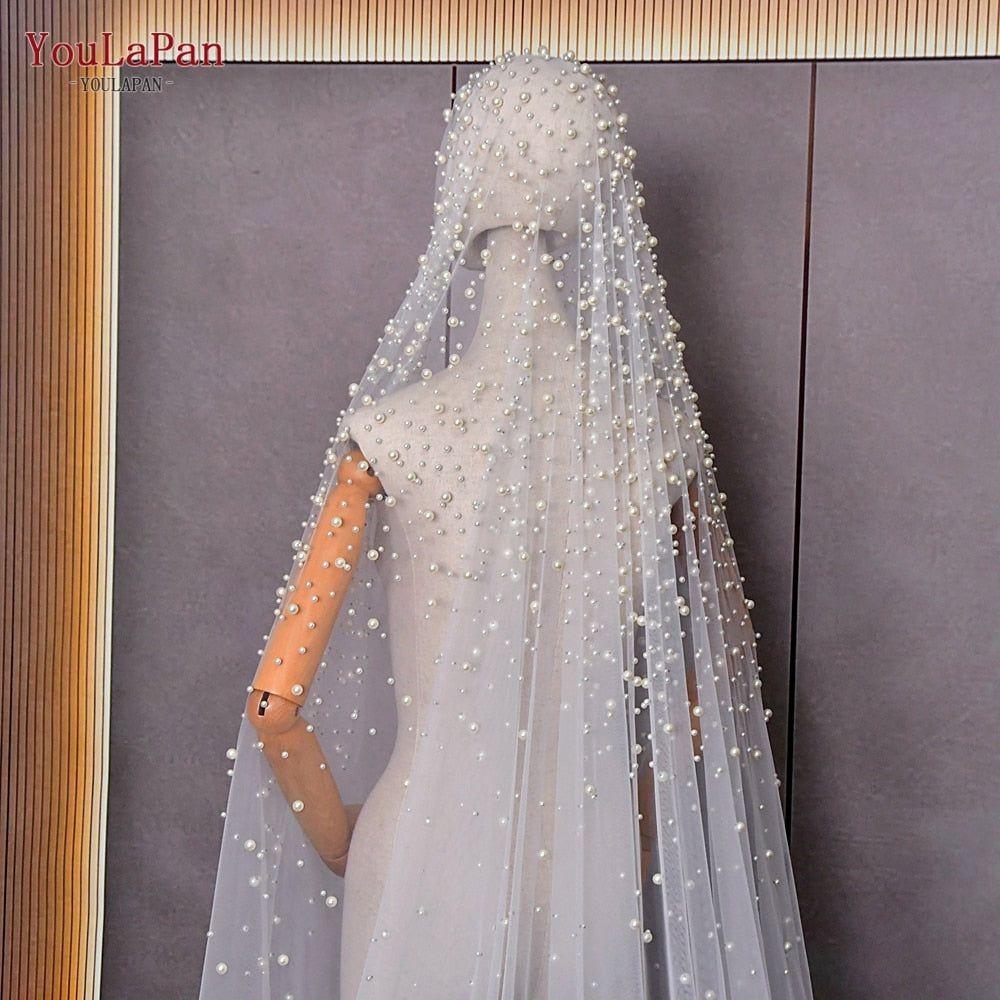 Luxury Pearl Beaded Bridal Veil 3M Cathedral Length Veils - Frimunt Clothing Co.