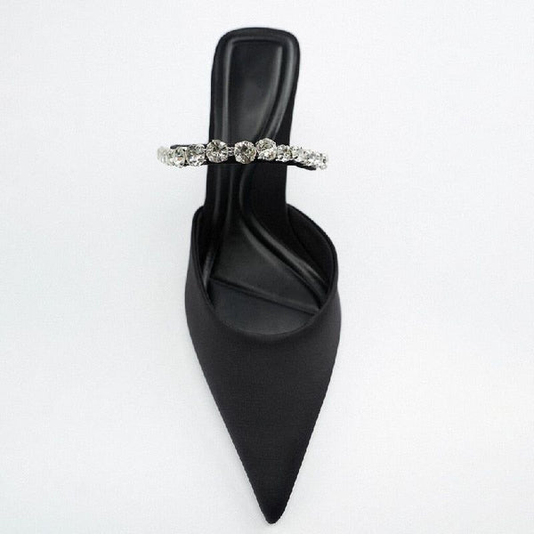 Women's Black High Heel Mules With Rhinestone Chain Pointed Toe Thin Heel - Frimunt Clothing Co.