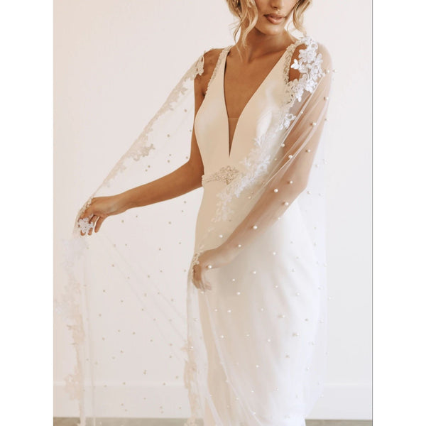 Bridal Shawl Cape With Pearls Beaded Lace