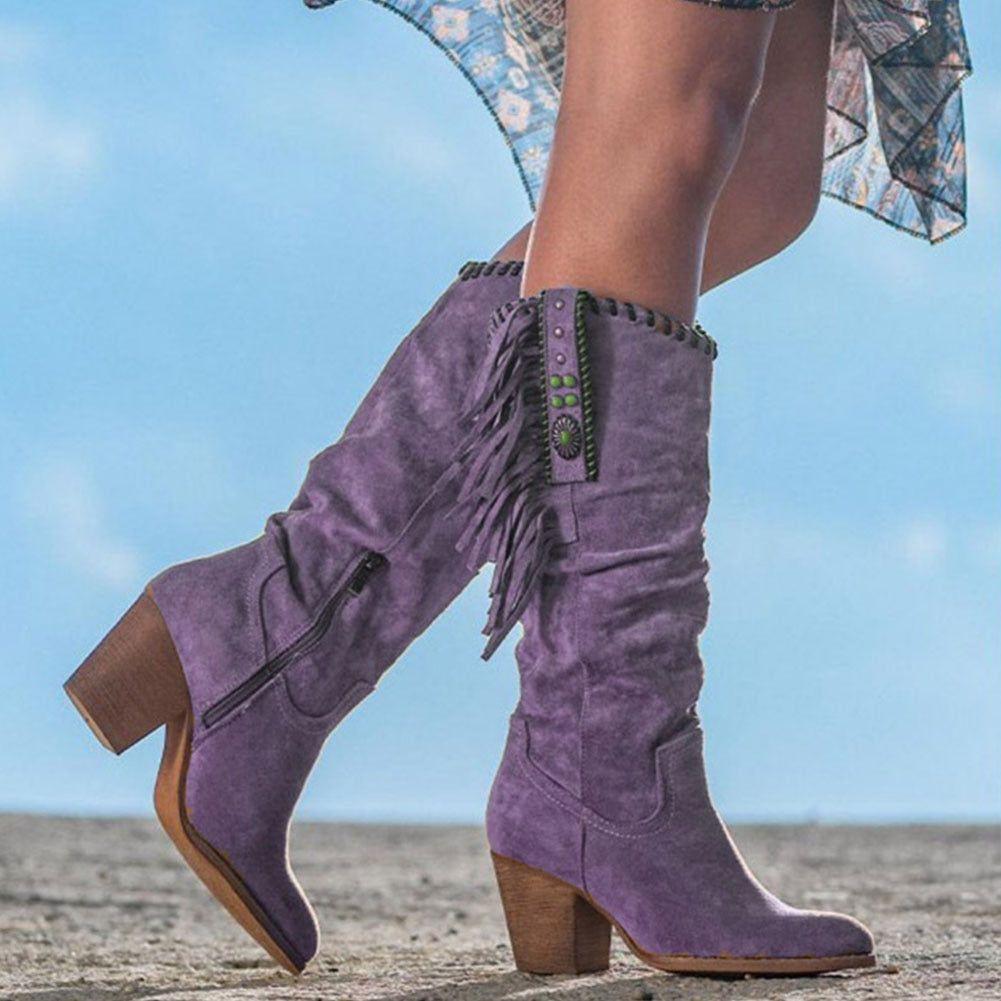 Western Cowboy Boots For Women Faux Suede Mid-Calf Side Fringe - Frimunt Clothing Co.