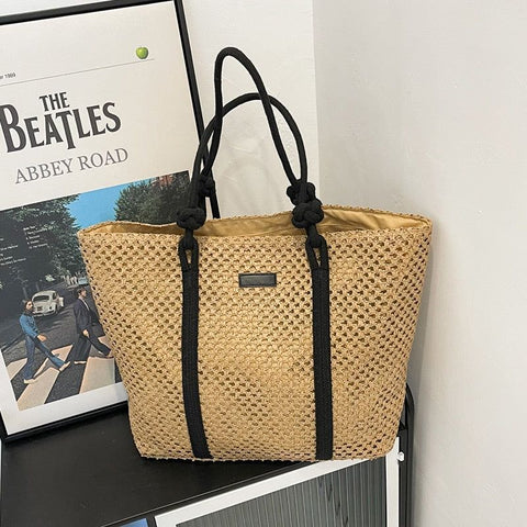 Hand-Woven Natural Straw Beach Tote Handbag Knotted Shoulder Strap Large Capacity - Frimunt Clothing Co.