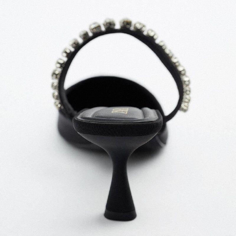 Women's Black High Heel Mules With Rhinestone Chain Pointed Toe Thin Heel - Frimunt Clothing Co.