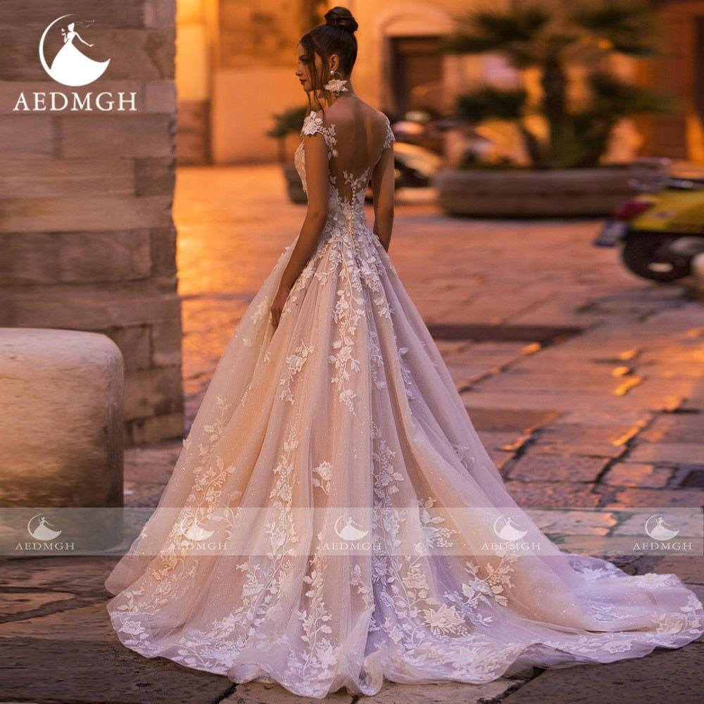 Lynne A-Line Classic Wedding Dress 2022 Sweetheart Cap Sleeve Shiny Court Train - Frimunt Clothing Co.