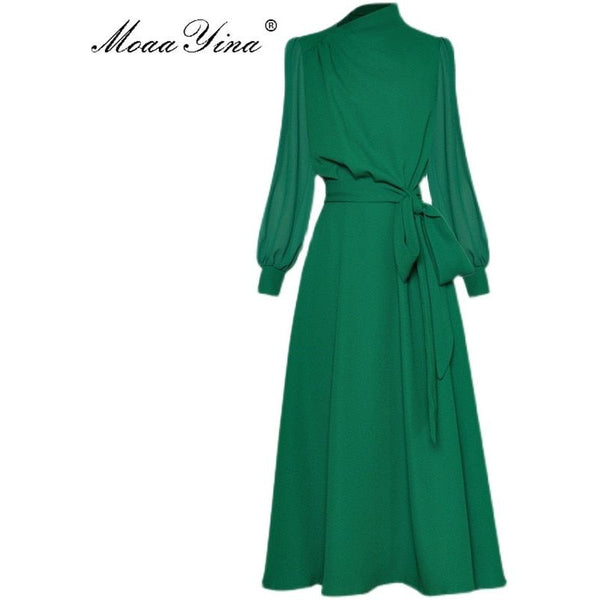 New Arrival Women's Chiffon Dress Diagonal Collar Lantern Sleeve Loose Lace-up - Frimunt Clothing Co.