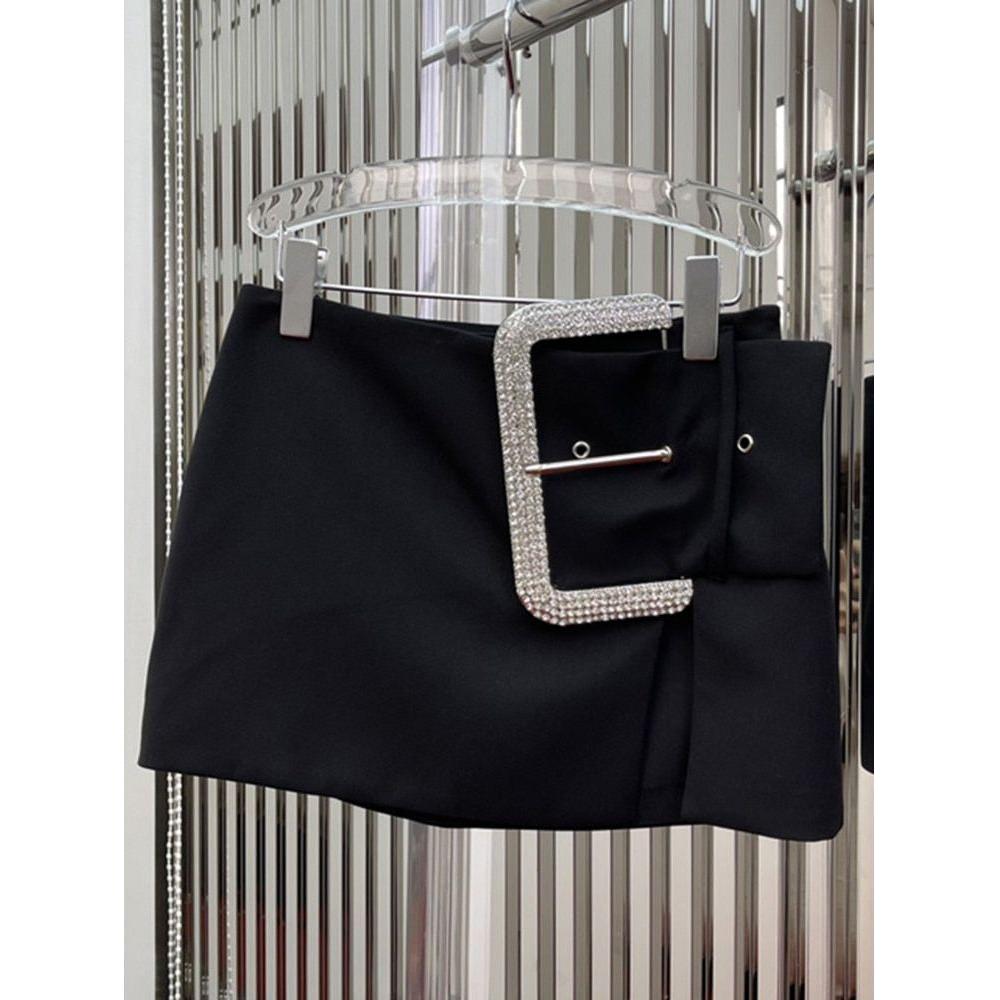 Women's Black Patchwork Diamond Big Buckle Skirt - Frimunt Clothing Co.
