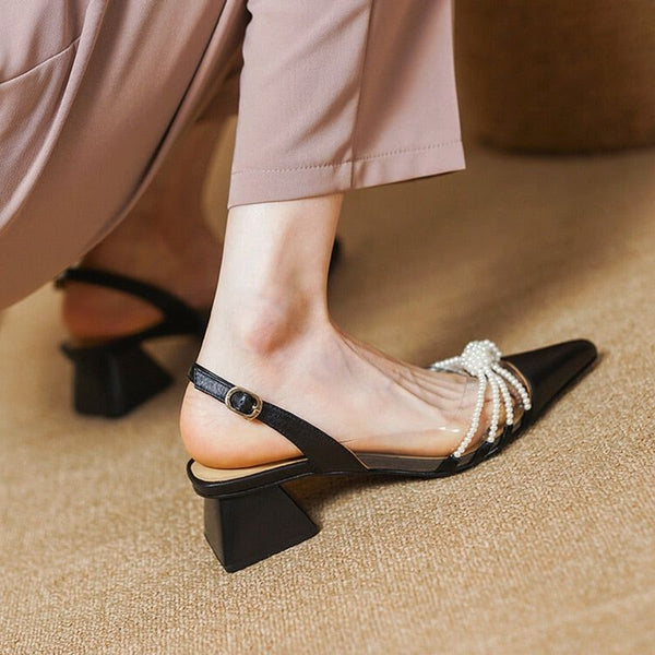 NEW Summer Cow Leather Pointed Toe Women Slingback Solid Chunky Low Heel String Bead Elegant Shoes - Frimunt Clothing Co.