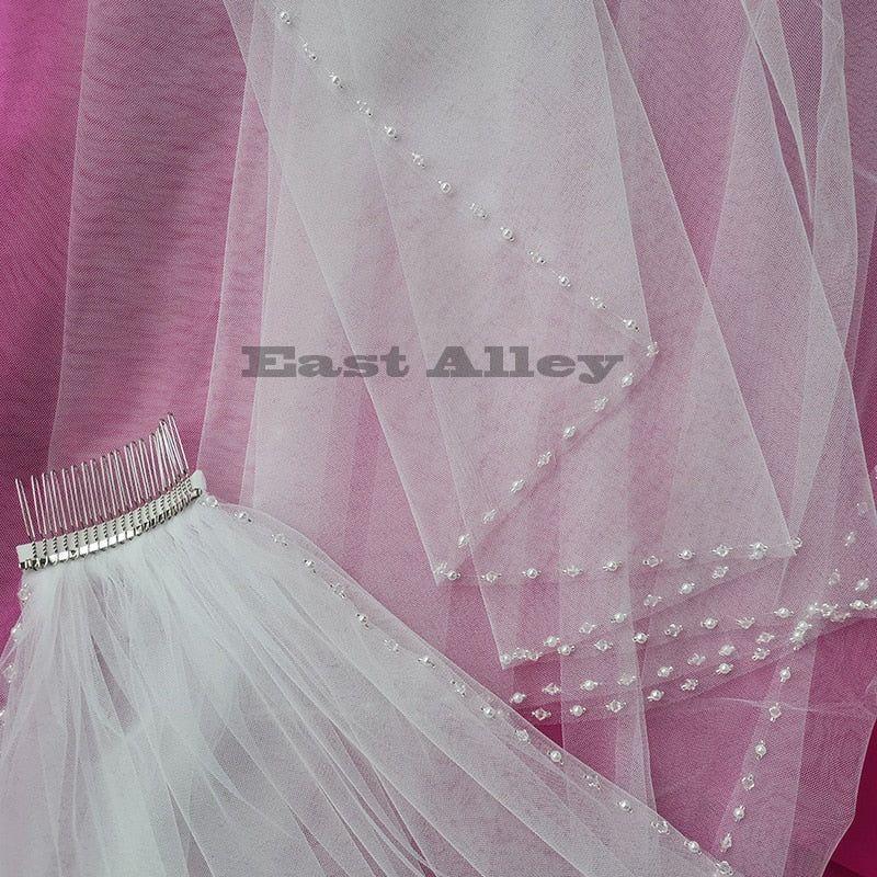 White/ Ivory 1 Tier Crystal Pearls Edged Bridal Veil with Comb - Frimunt Clothing Co.