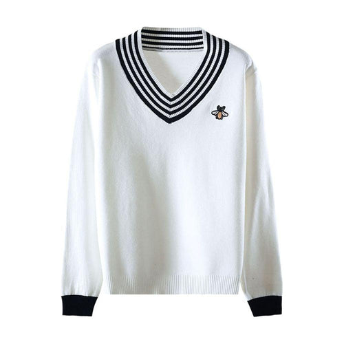 European Style Spring Autumn Women Bee Embroidery Sweater Elegant V-neck Knitted Loose Striped Long Sleeve Pullover - Frimunt Clothing Co.