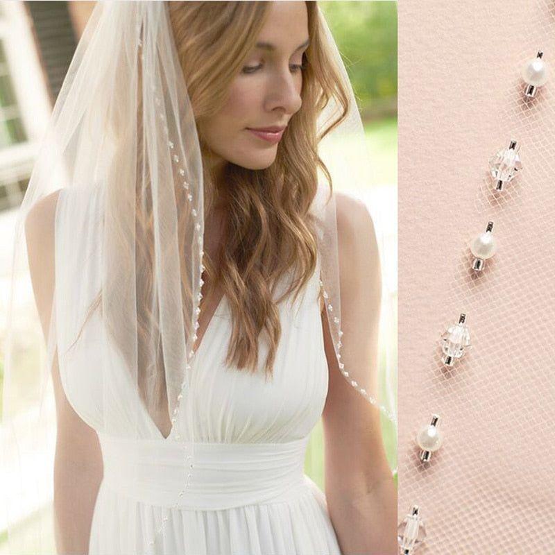 White/ Ivory 1 Tier Crystal Pearls Edged Bridal Veil with Comb - Frimunt Clothing Co.