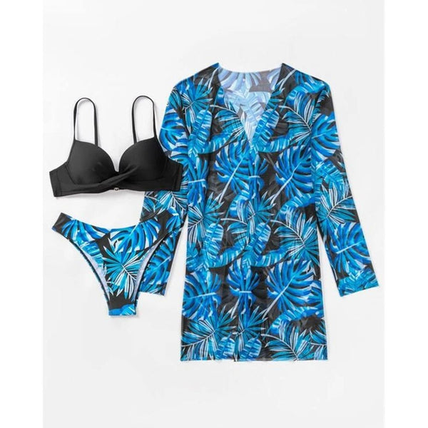 Floral Twist Low Waist 3 Piece Bikini Set + Long Sleeve Cover Up Push Up Swimsuit
