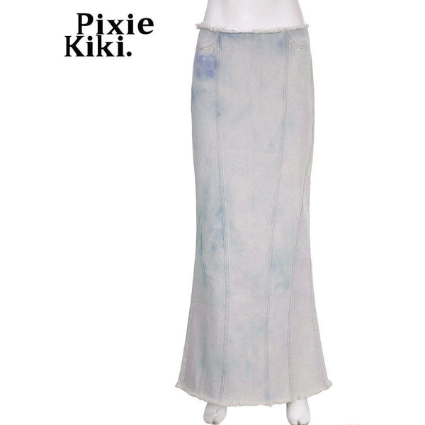 Women's Tie-Dye Low Waist Blue Jean Y2k Streetwear Back Slit Grunge Maxi Skirts