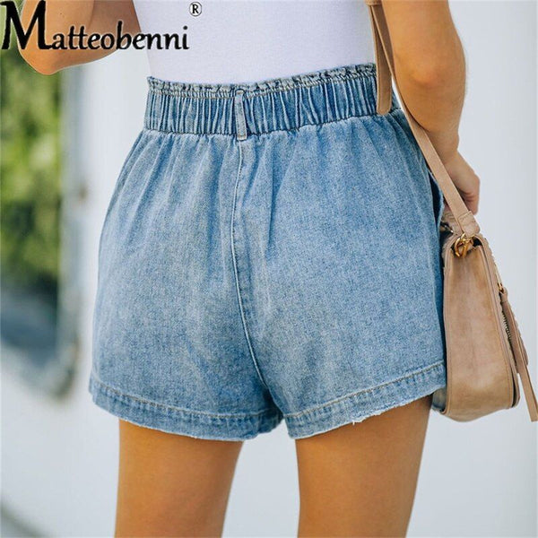 Summer New Blue Women's Denim Shorts High Waisted Pocket Jeans Shorts Casual Elastic Waist