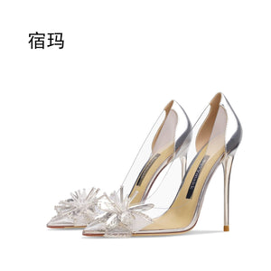 New Comfortable Transparent Women Pointed Toe Pumps Clear Rhinestones High Heel Shoes