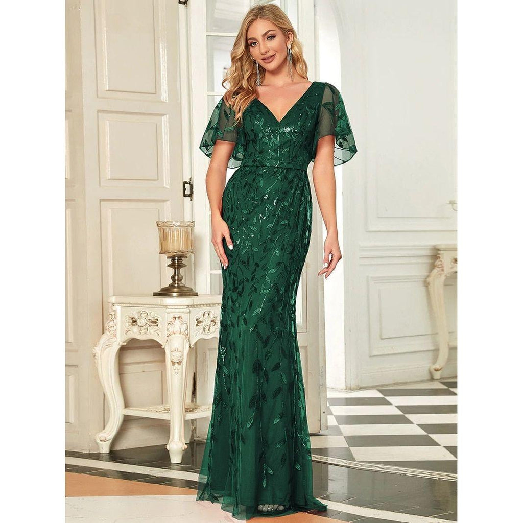 Elegant Evening Dresses Long Lace V-Neck Mermaid Short Sleeve Dusty Blue Simple Backless - Frimunt Clothing Co.