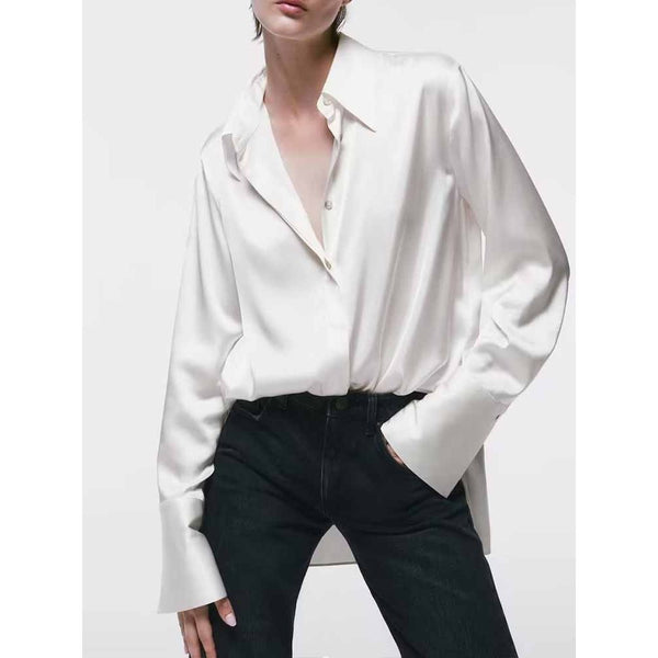 Women 2023 New Fashion Satin Casual Loose Long Sleeve Button-up Chic Shirts