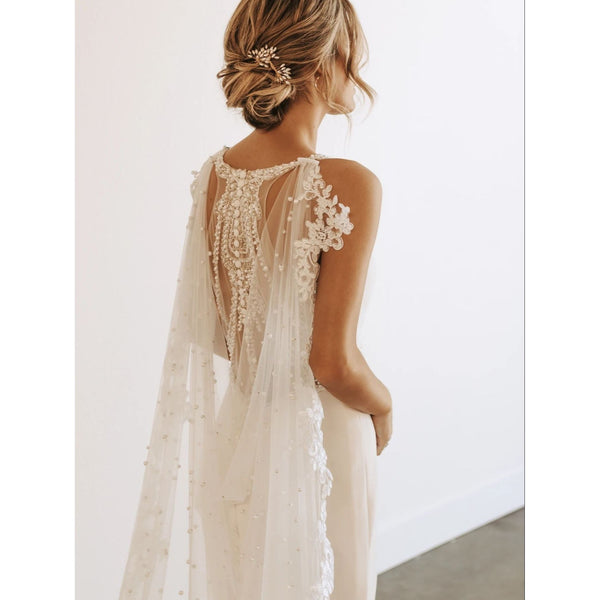 Bridal Shawl Cape With Pearls Beaded Lace - Frimunt Clothing Co.