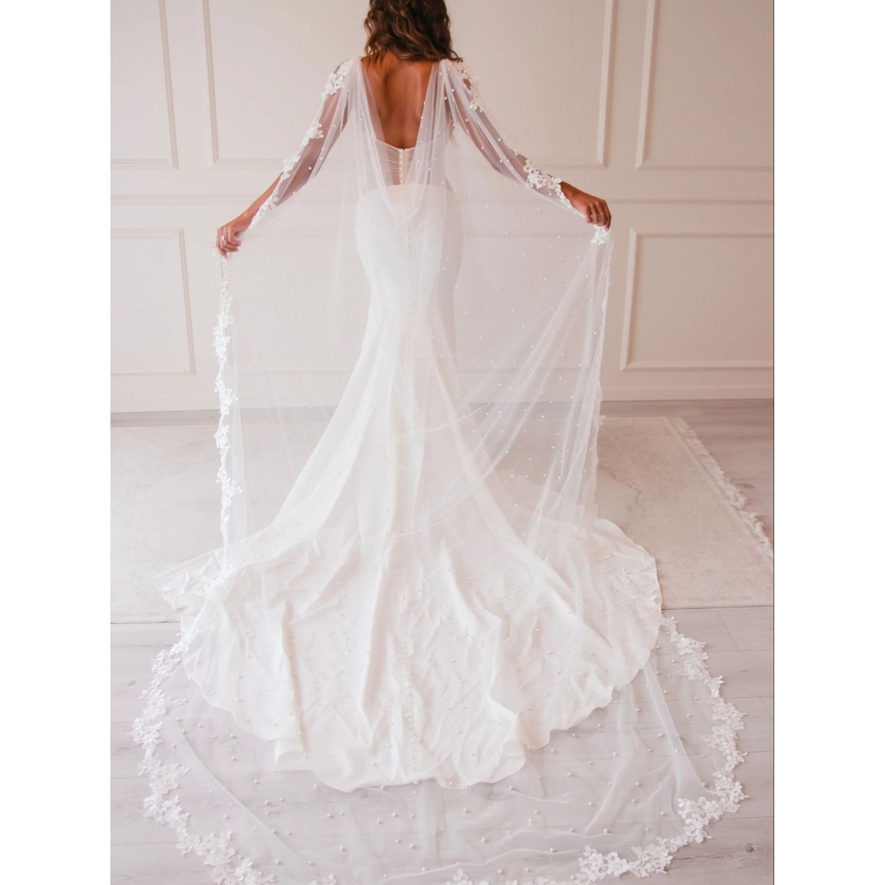 Bridal Shawl Cape With Pearls Beaded Lace - Frimunt Clothing Co.