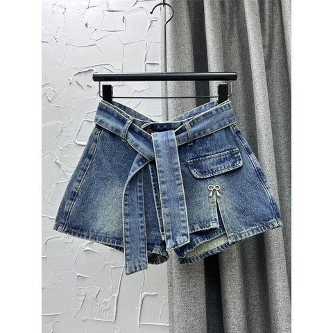 2023 Summer New Fashion Women's Denim Shorts High Waist Belt Solid Color Split Patchwork A-line Wrap Short Jeans