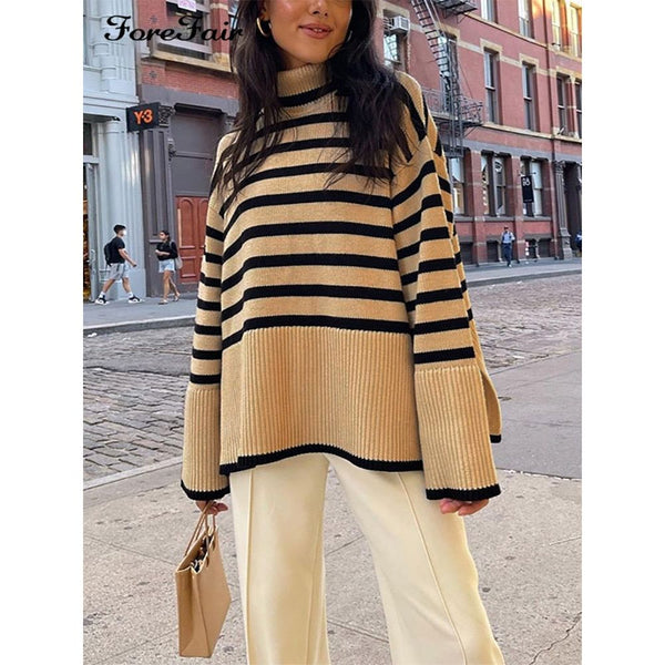 Women's Oversized Knitted Turtleneck Long Sleeve Striped Sweater - Frimunt Clothing Co.