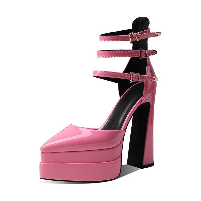 New Patent Leather Three Buckle Straps Women's Pumps Sexy High Heels Pointy Toe Double Deck Platform - Frimunt Clothing Co.