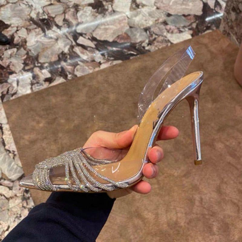 Summer Women's Back Strap Pumps Transparent Rhinestone Pointed Toe High Heels - Frimunt Clothing Co.