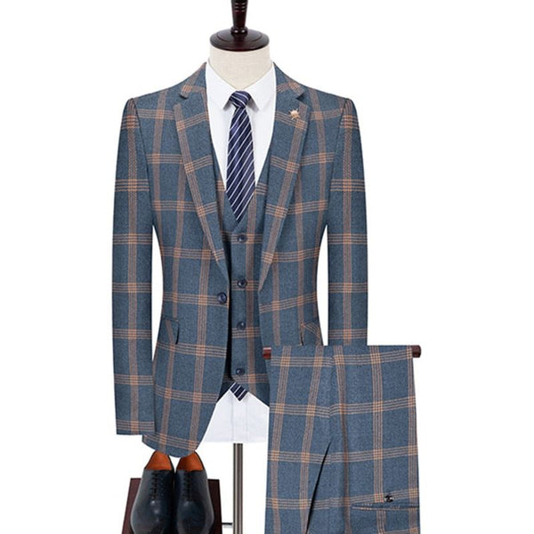 Blazer+Pants+Vest 3 Pieces Men's Business Casual Fashion Plaid Suit