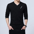 Men's T-shirt Slim Fit High V-Neck Long Sleeve With Geometric Detail Sizes Up to 5XL - Frimunt Clothing Co.