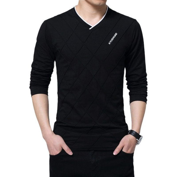 Men's T-shirt Slim Fit High V-Neck Long Sleeve With Geometric Detail Sizes Up to 5XL - Frimunt Clothing Co.