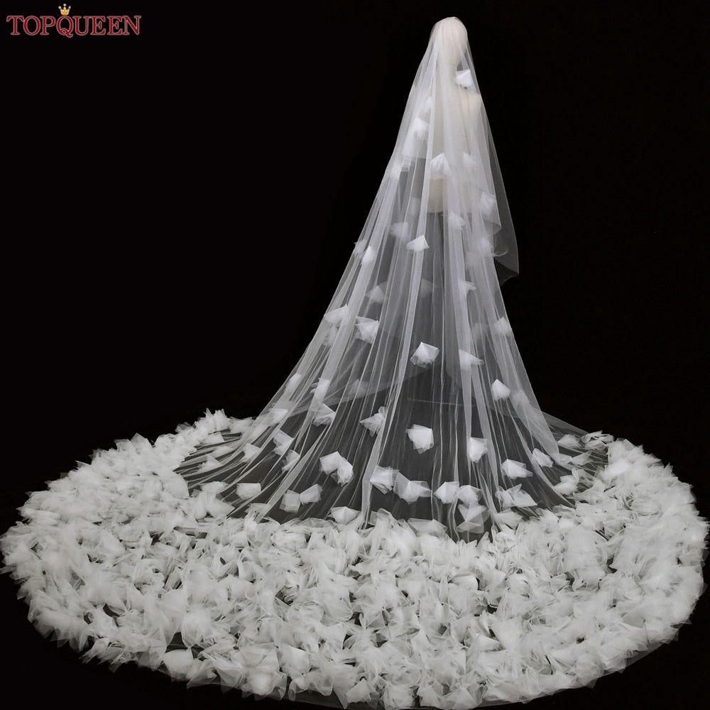Luxury Wedding Veil with Blusher Soft Tulle 2 Tier Cathedral Length 3- 5M 3D Flowers Veil - Frimunt Clothing Co.