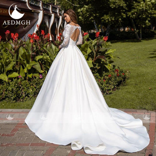 Eloise A-Line Elegant Satin Wedding Dress Lace Beaded Long Sleeve - Frimunt Clothing Co.