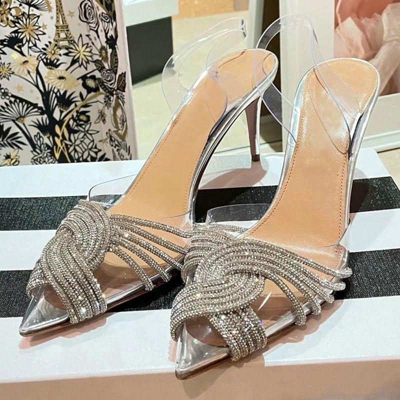 Summer Women's Back Strap Pumps Transparent Rhinestone Pointed Toe High Heels - Frimunt Clothing Co.