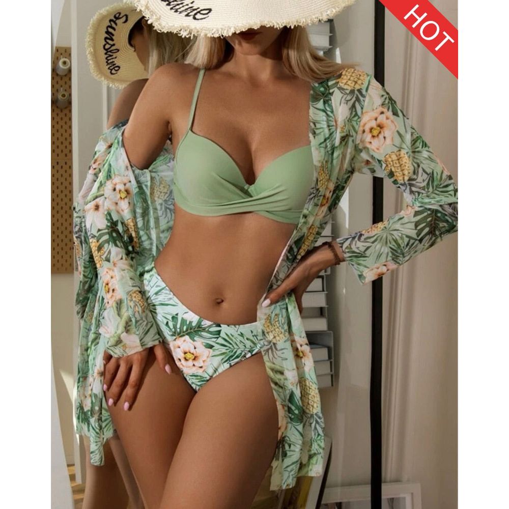 Floral Twist Low Waist 3 Piece Bikini Set + Long Sleeve Cover Up Push Up Swimsuit - Frimunt Clothing Co.