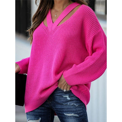 Double V Neck Casual Women's Sweaters Boho Holiday Knitwear Oversized Long Sleeve Solid Colors - Frimunt Clothing Co.