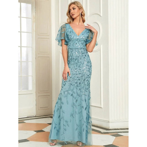 Elegant Evening Dresses Long Lace V-Neck Mermaid Short Sleeve Dusty Blue Simple Backless